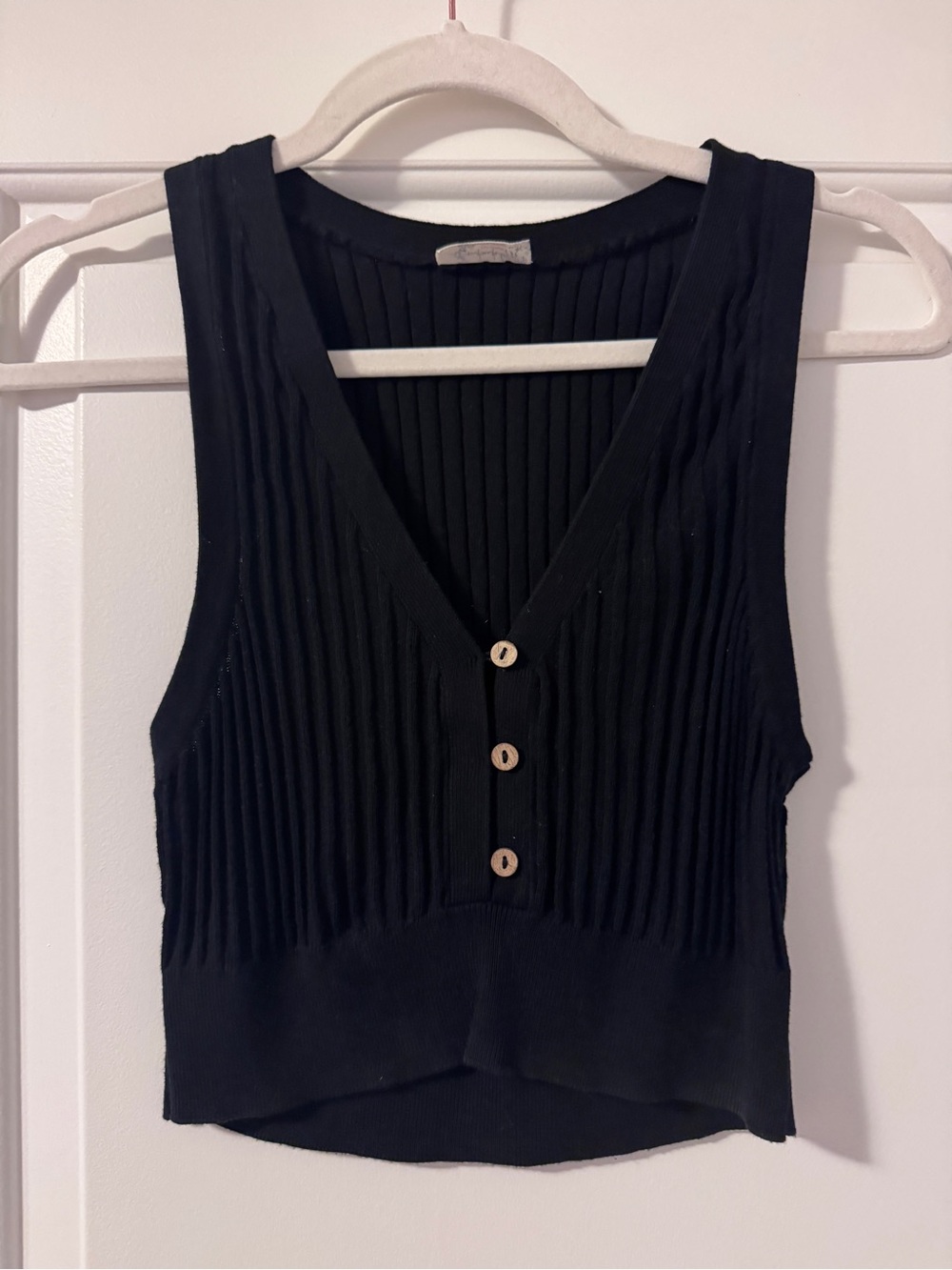 Free People Black Ribbed V-Neck Crop Top with Buttons